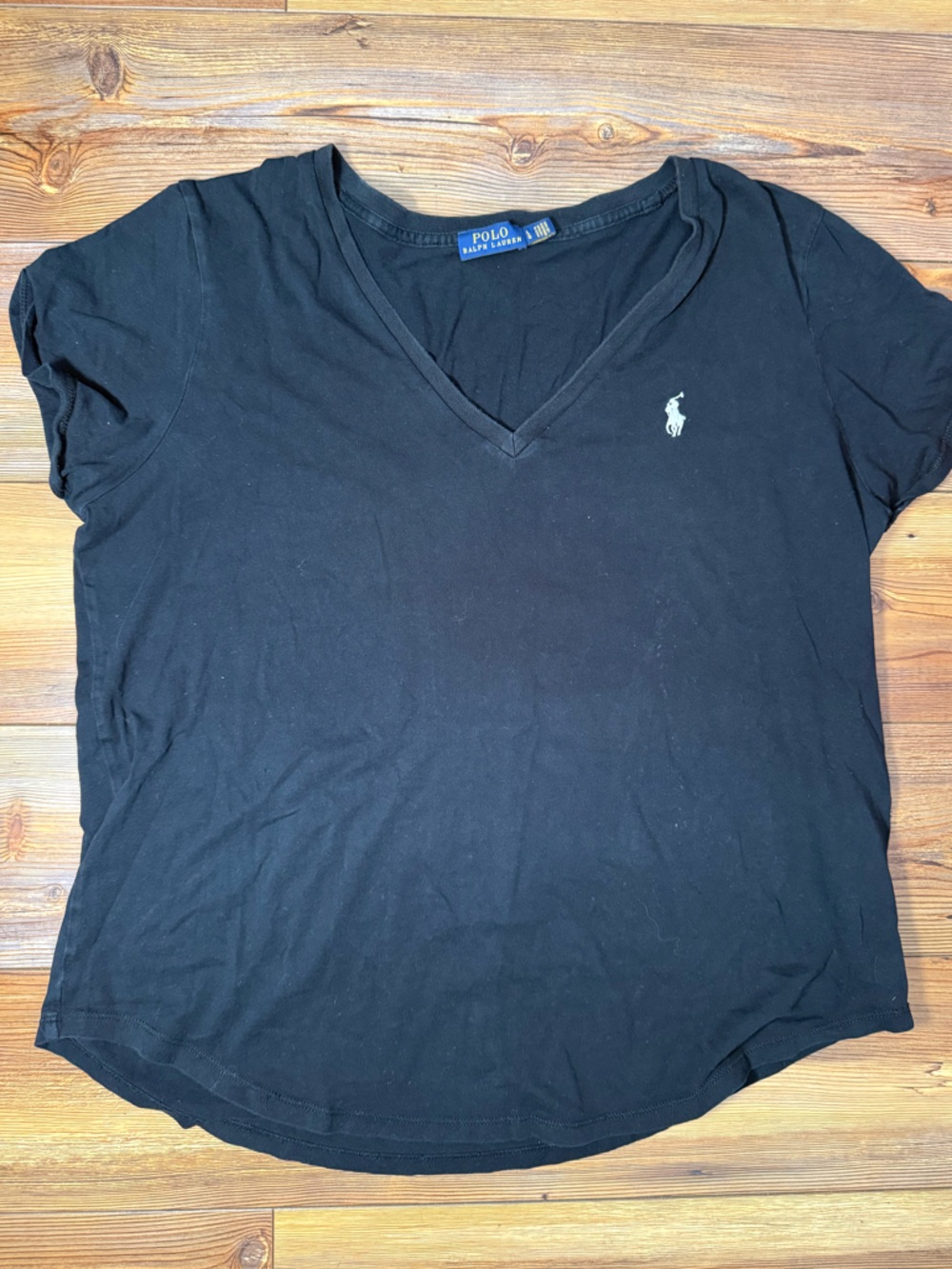 Ralph Lauren Black V‑Neck Polo Tee with White Pony Embroidered sz L